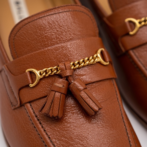 size 8.5 Bally Tan Saily Cuero Goat Grained Leather Gold Chain Tassel Loafers main image 10